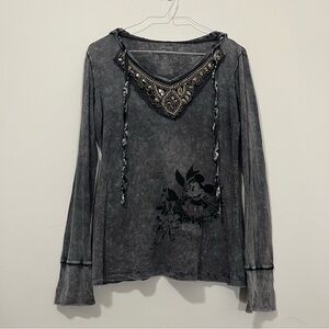 Disneyland DisneyWorld Hoodie Top Black Embellished Mickey Ribbed Burnout XL Y2K